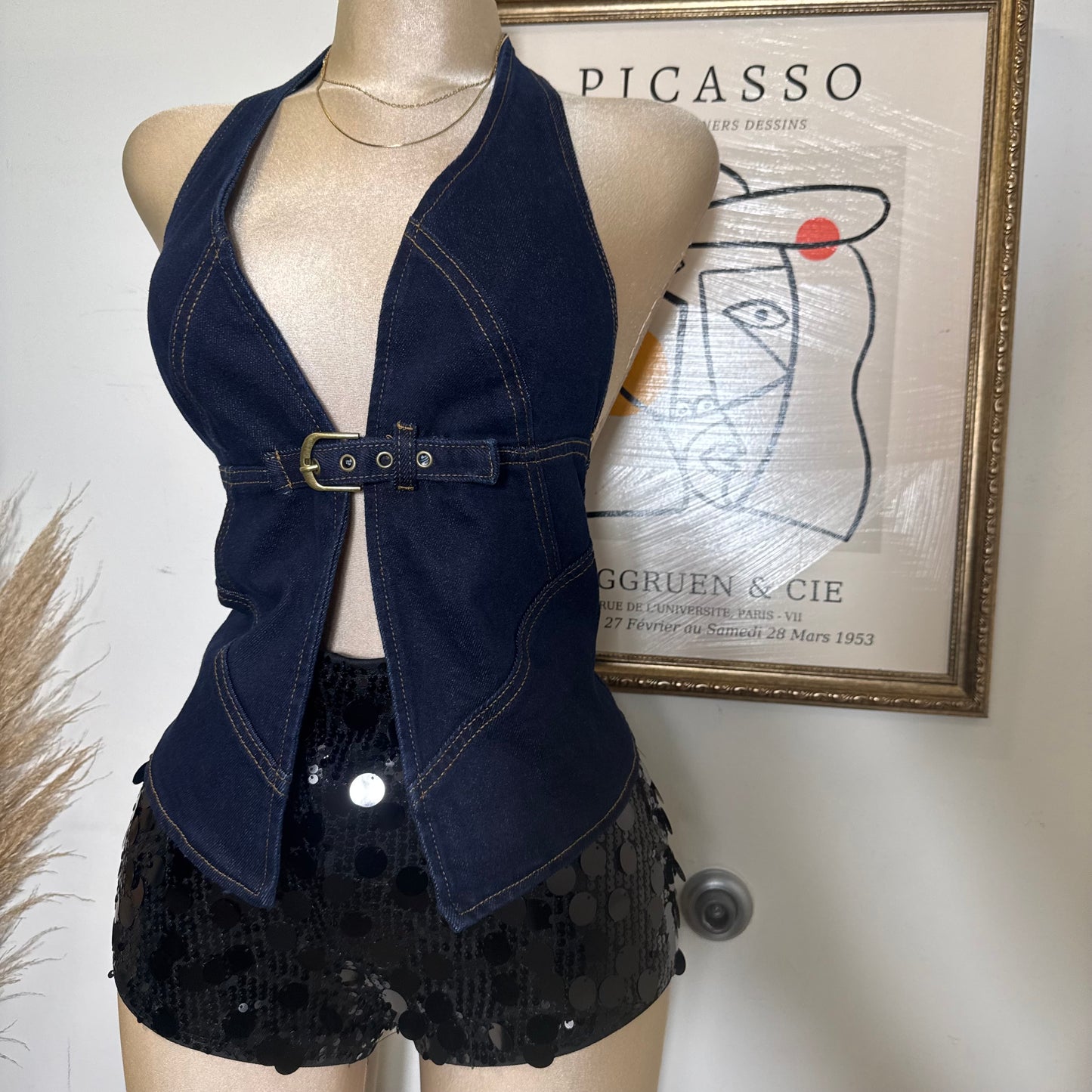 Halter Bust Belt Detail Denim Top-Denim