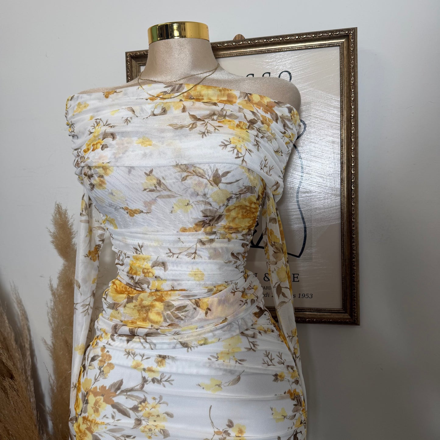 Off shoulder printed Mesh Top and ruched Maxi Skirt Set-Yellow Print