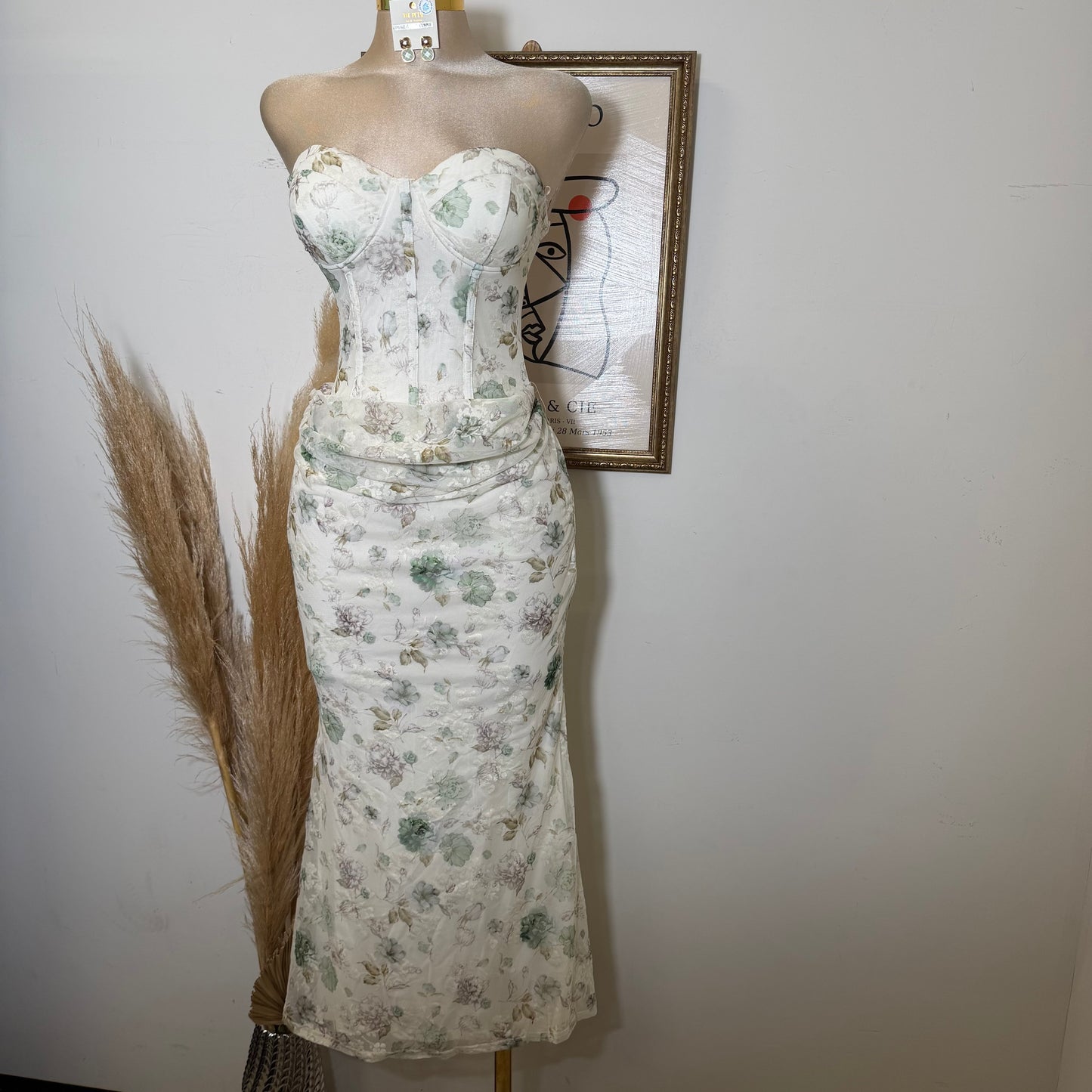 Strapless Floral Print Corset Midi Dress-Green Multi