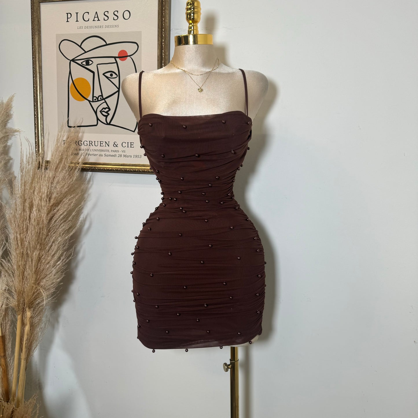 Pearl Mesh Ruched Sleeveless Mini Dress-Brown