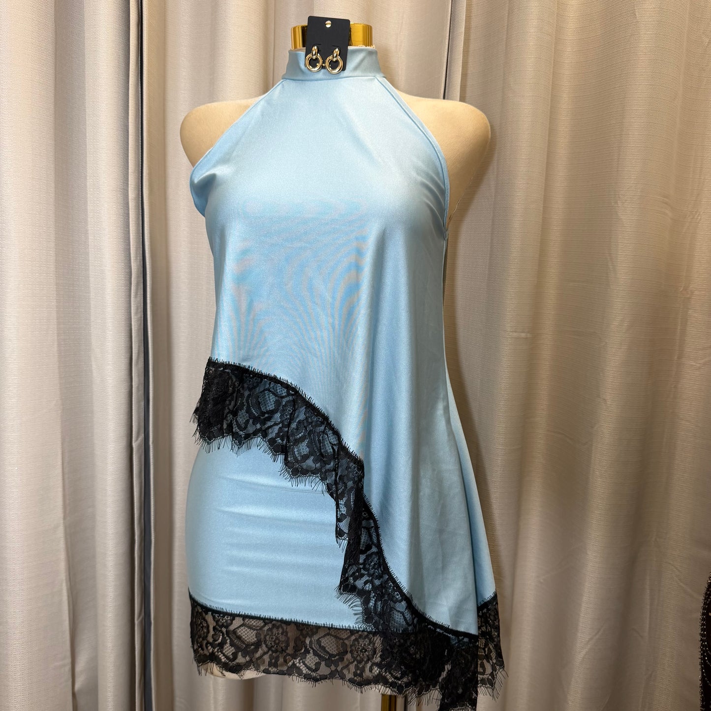Asymmetrical Lace Skirt Set-Blue