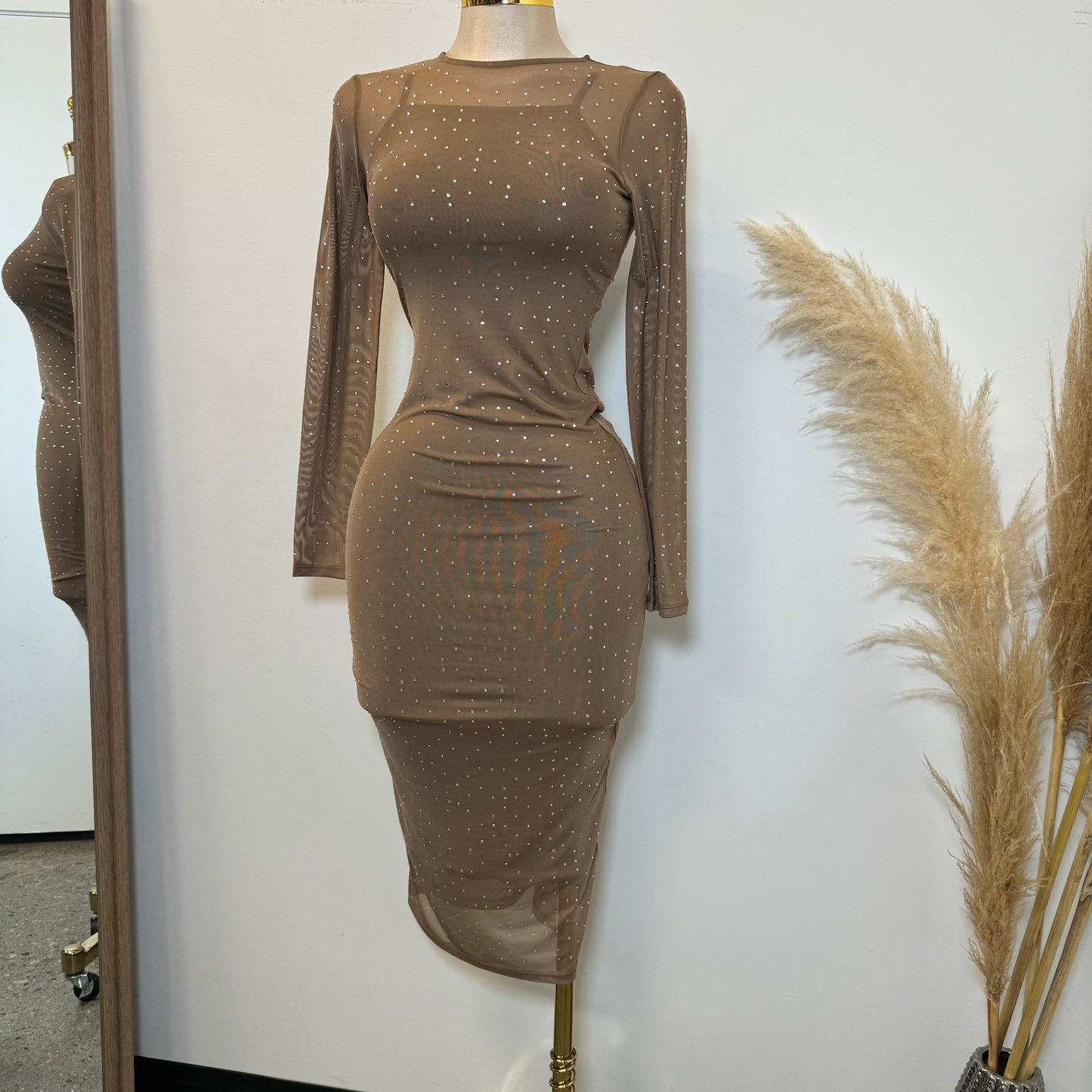 Faviana Mesh Dress-Khaki