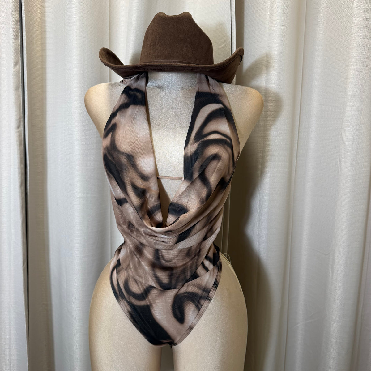 Cowl halter neck bodysuit-Black/Brown