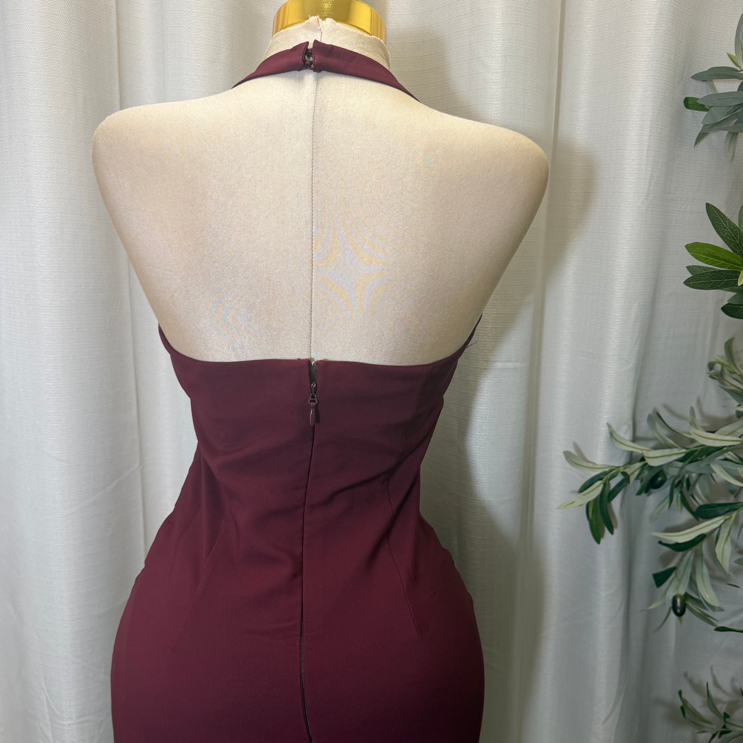Halter Neck Structured Back Slit Maxi Dress-Burgundy
