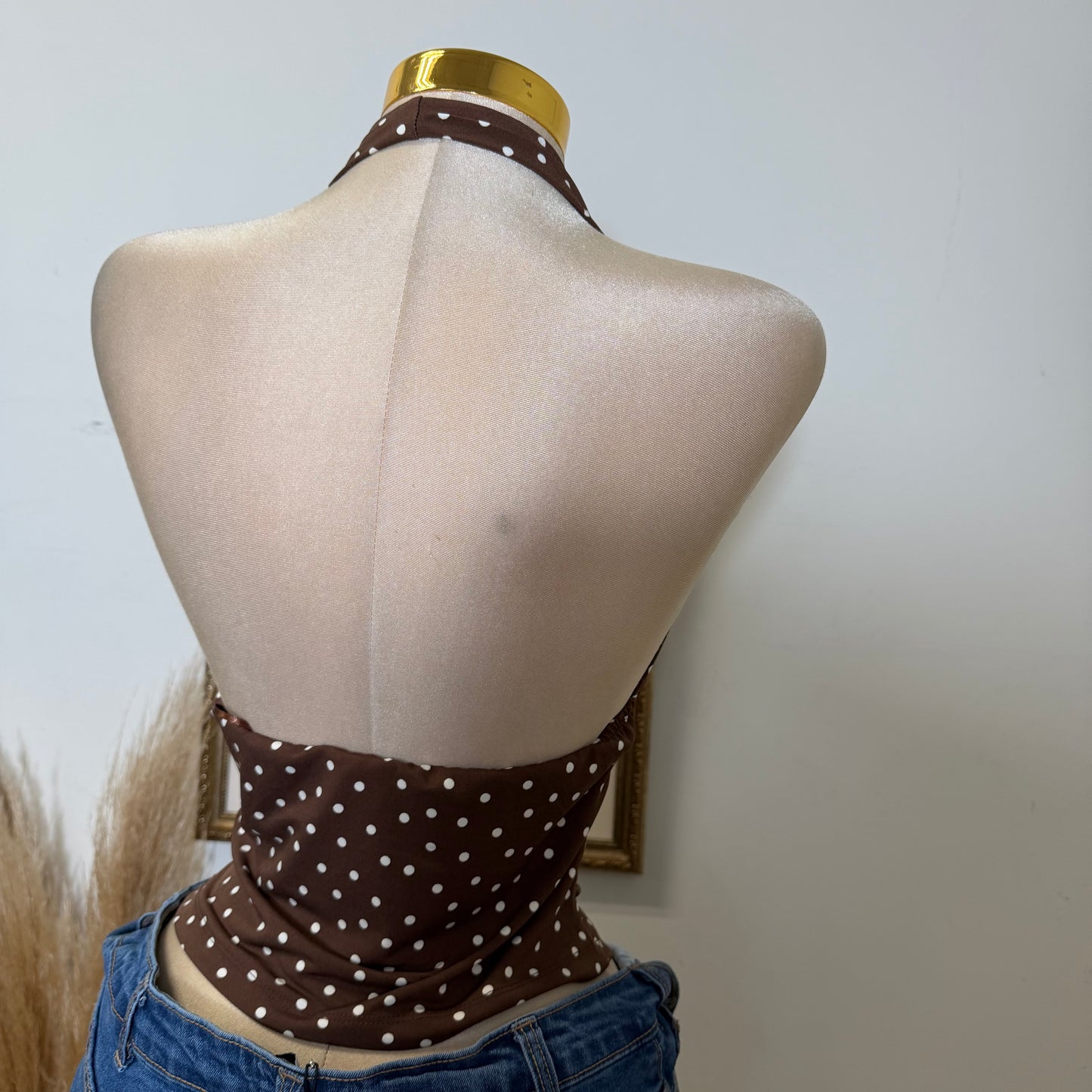 Polka Dot Halter Neck Top-Brown