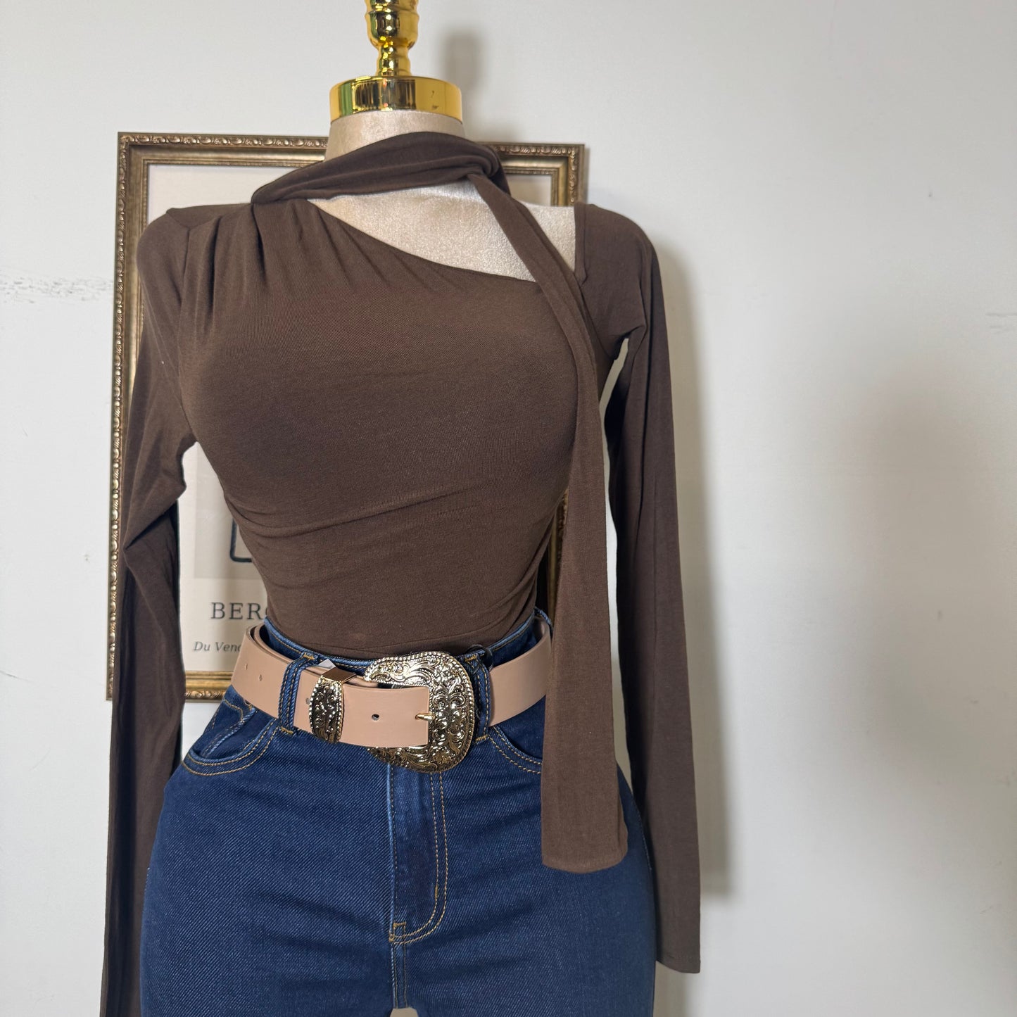 Asymmetric Neckline Knit Top-Chocolate