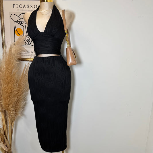 Halter Neck and Midi Skirt Set-Black
