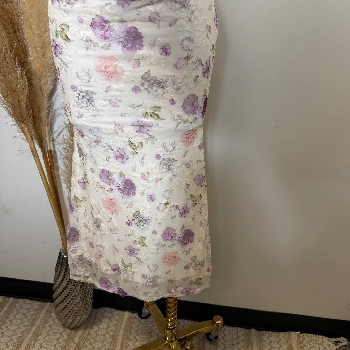 Strapless Floral Print Corset Midi Dress-Ivory Purple