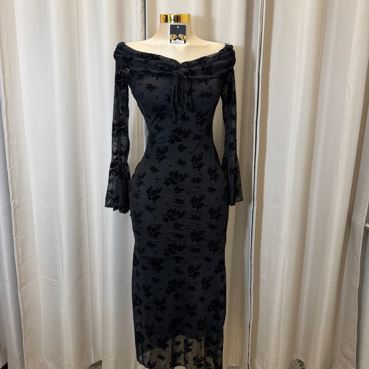 Flocked Long Sleeve Mesh off shoulder maxi Dress-Black/Black