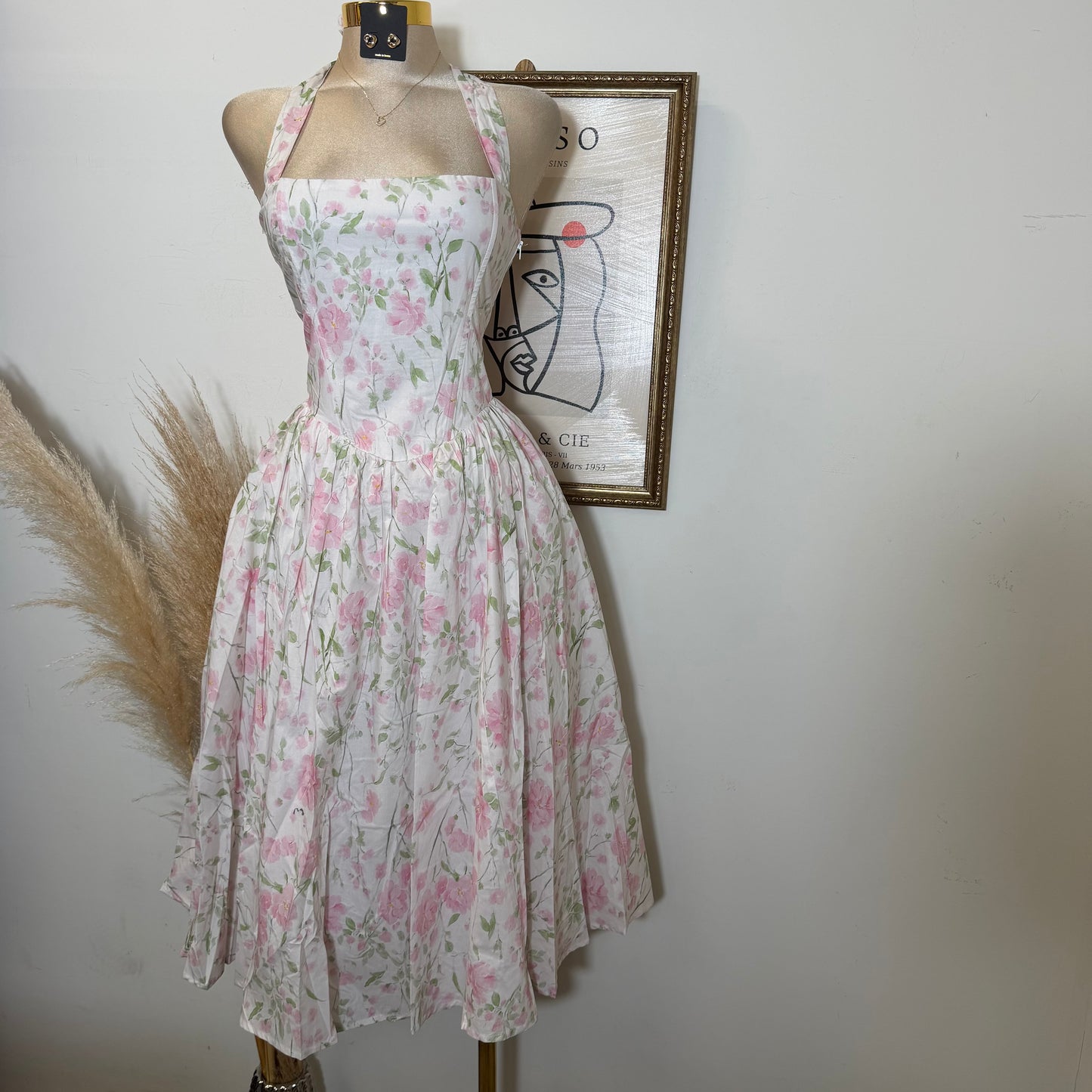 Halter corset Midi Dress-Pink
