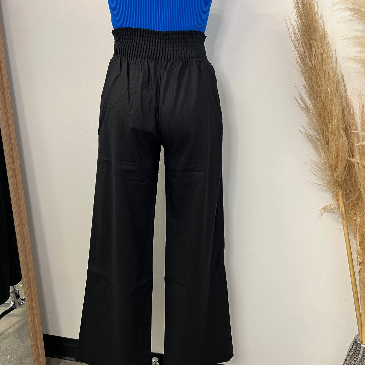 Linen Pants with Smoked Waisted -Black