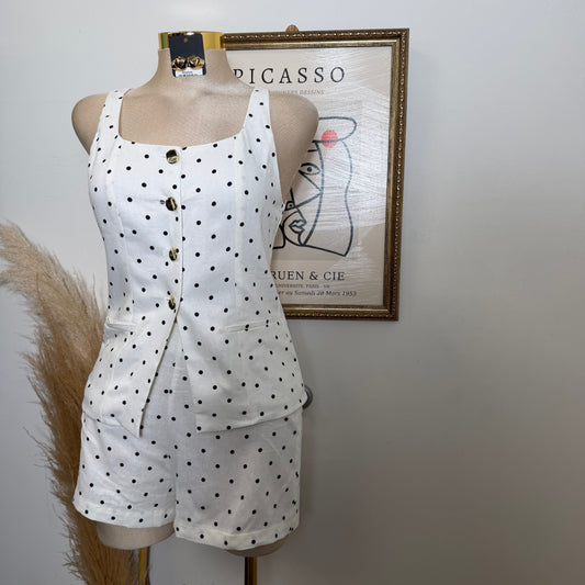 Polka Dot Linen Top w/ Gold Buttons shorts set-White
