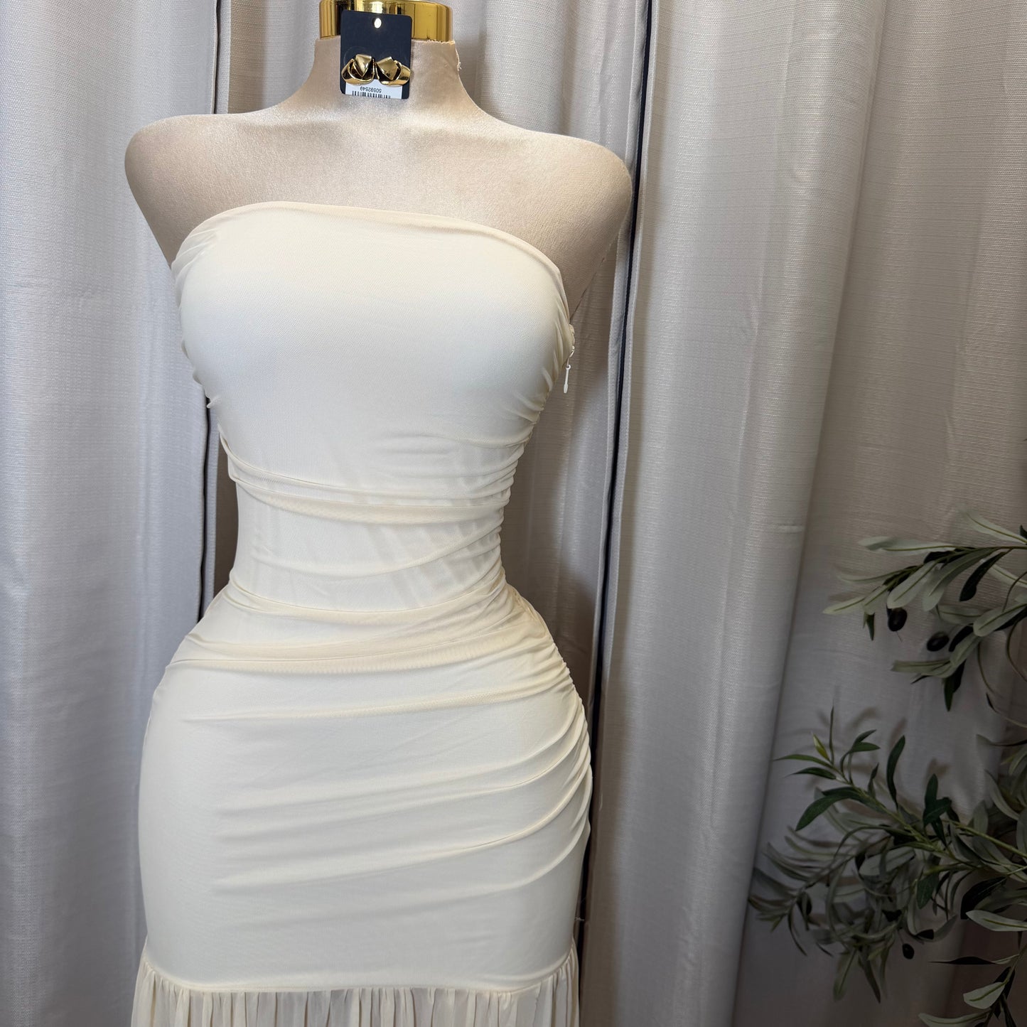 STRAPLESS RUCHED BODICE DROP WAIST MAXI DRESS-Cream