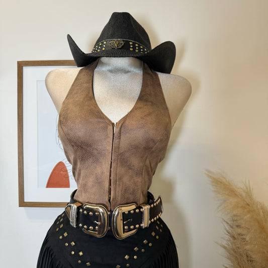 Suede Halter Crop Top Leather- Brown