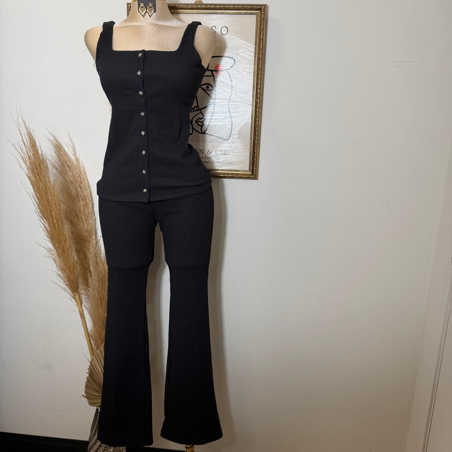 Square neck Vest & Flare Pant set-black