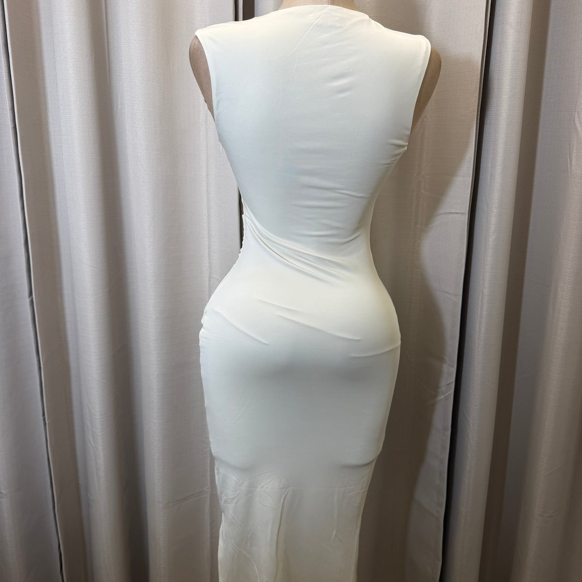 Ring Detail Ruched Midi Dress-Cream/White