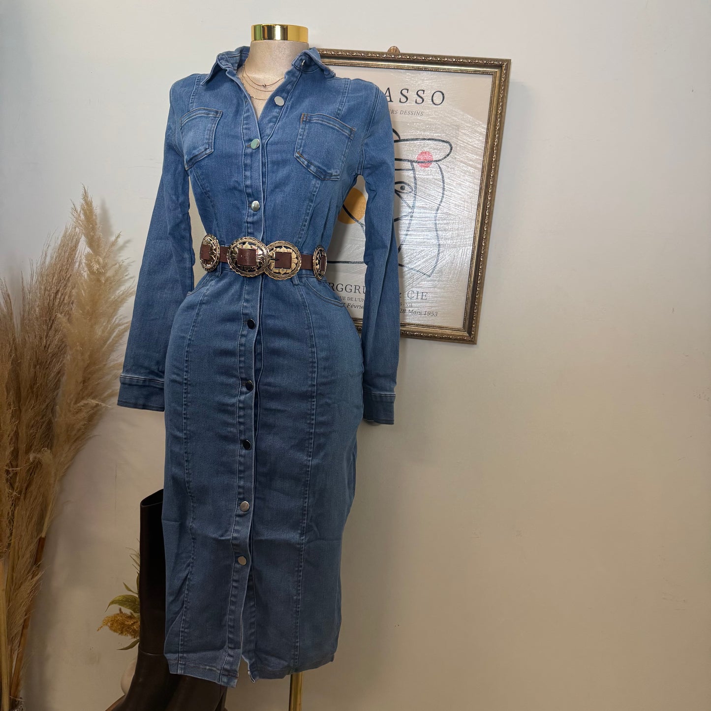 Denim Button Long Dress-Medium Wash
