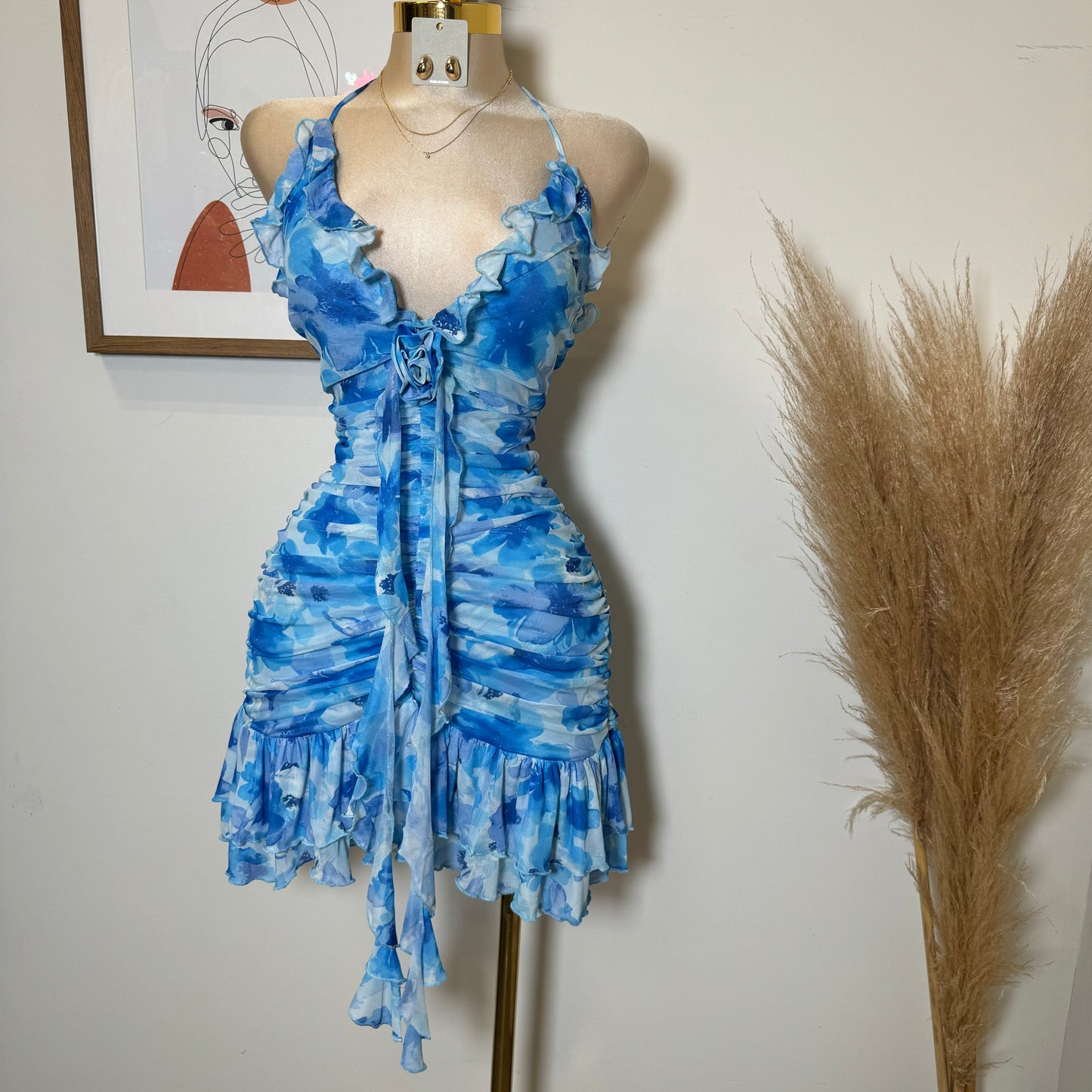 Flower Print Mesh Mini Dress-Blue