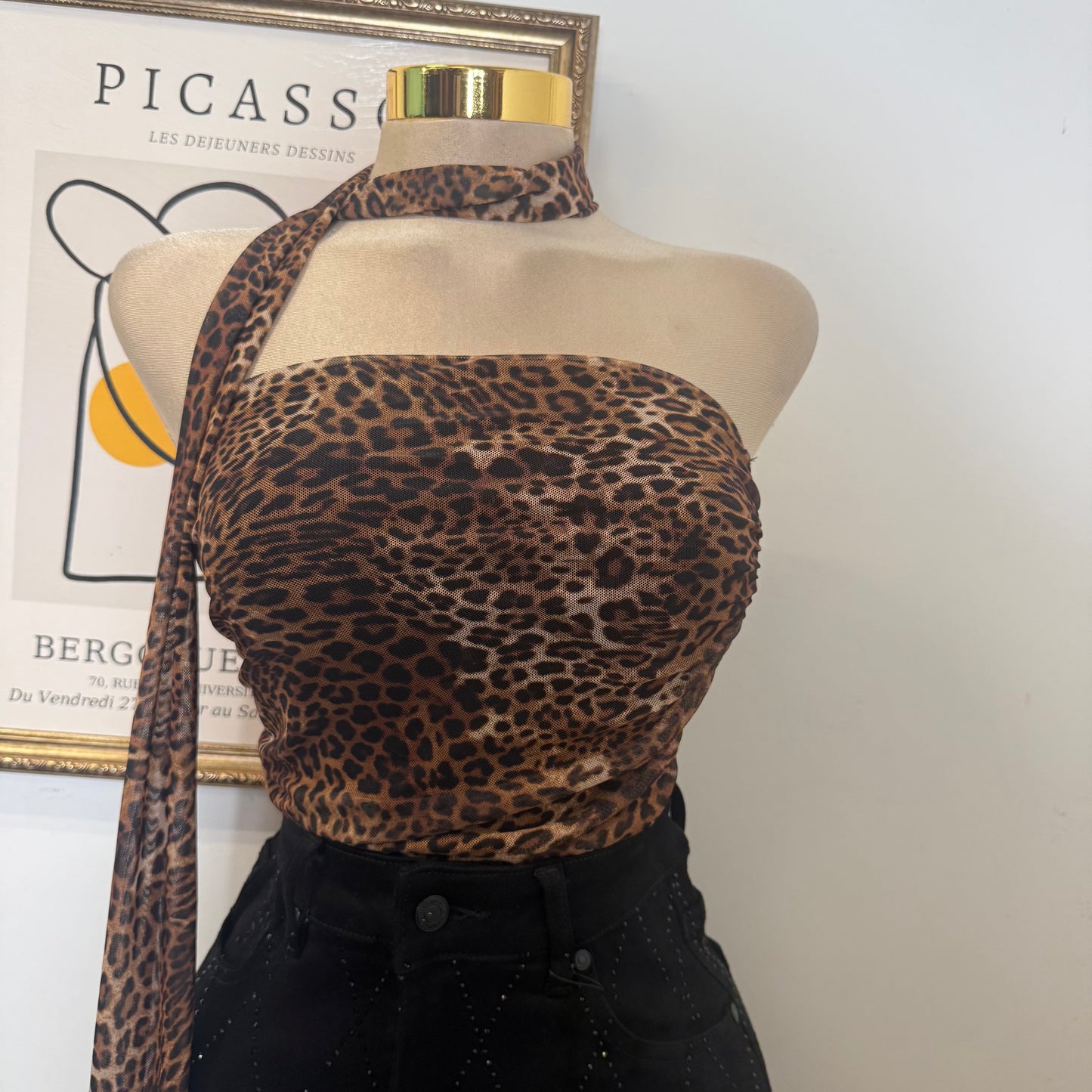 Leopard Mesh Print Tube w/ Tie Around neck Lining-Leopard