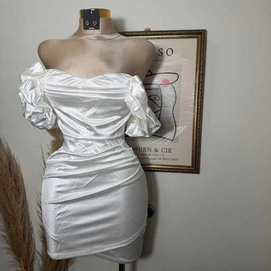 Satin Off Shoulder Dress-White