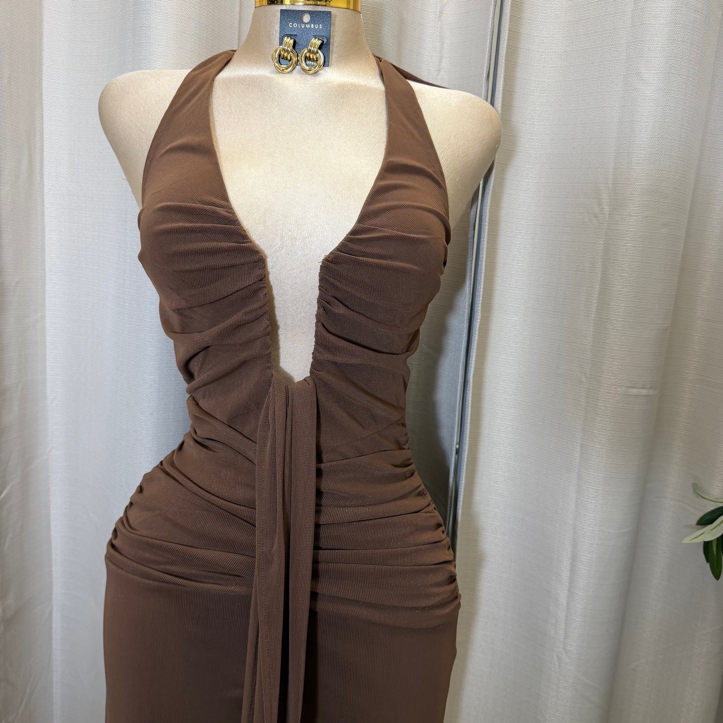HALTER NECK WIRE WITH SASH JUMPSUIT-Brown