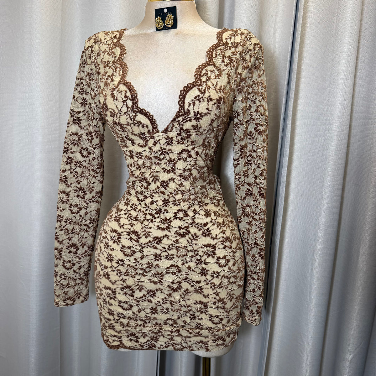 Lace Scallop Long Sleeve Bodycon Mini Dress-brown with Taupe