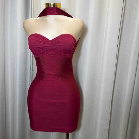 Knit Satin with Mesh Contrast Neck Band Dress-Red
