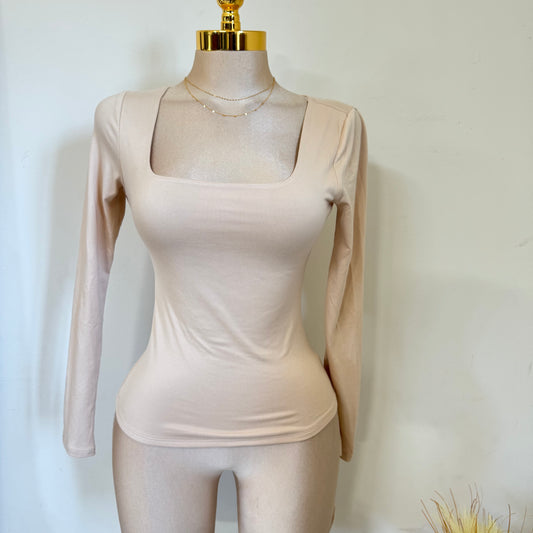 Square Neck Long Sleeve Double Layered Top-Taupe