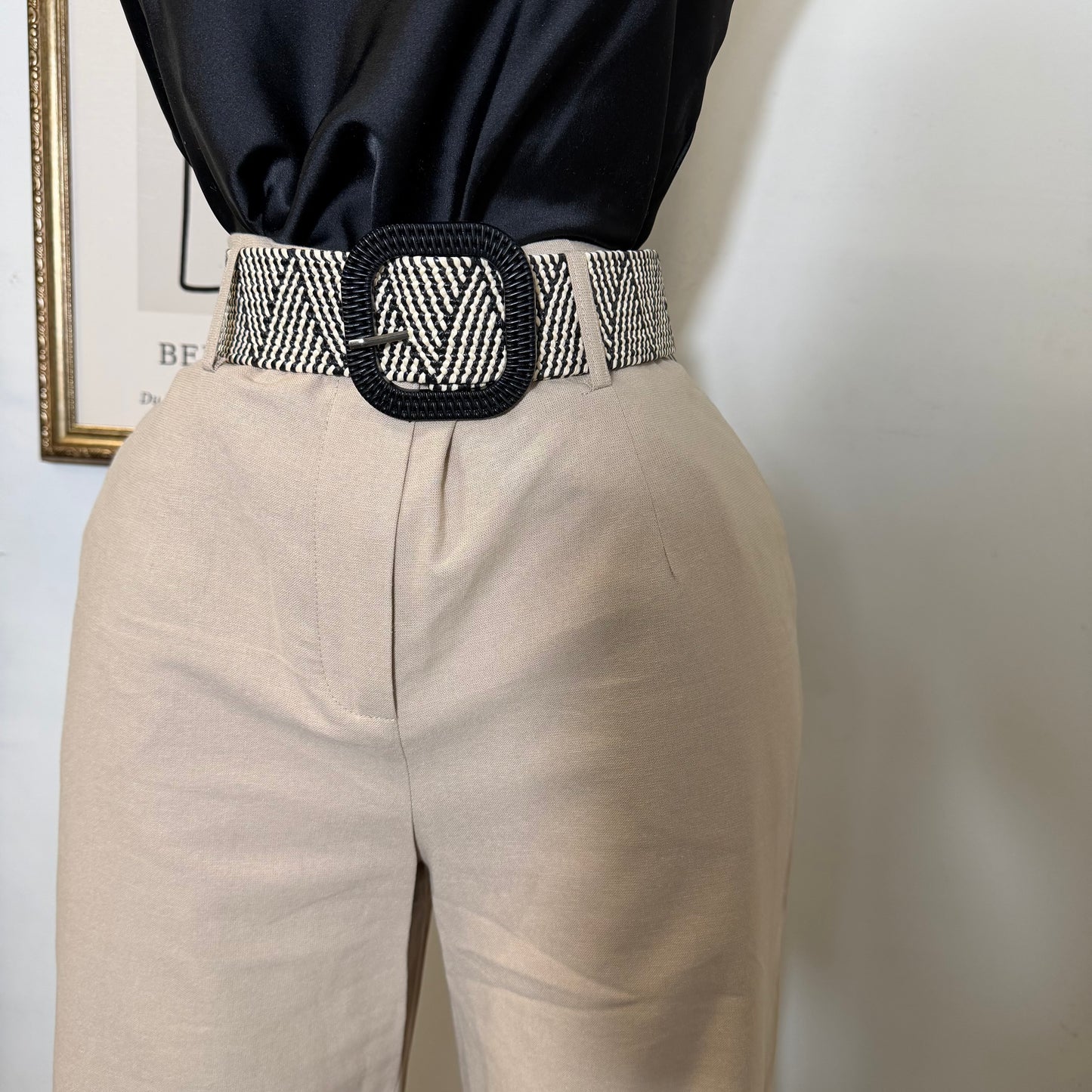 Linen Tribal Pattern Belt Wide Leg Pants-Khaki