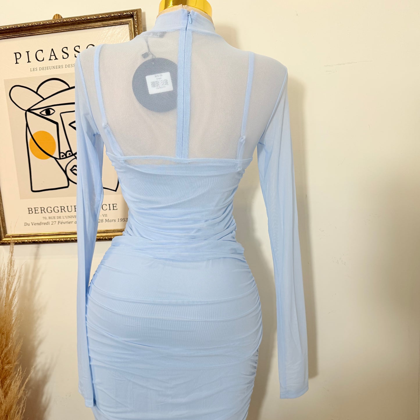 Solid Mesh Mock Neck Midi Long Sleeve Dress-Baby Blue