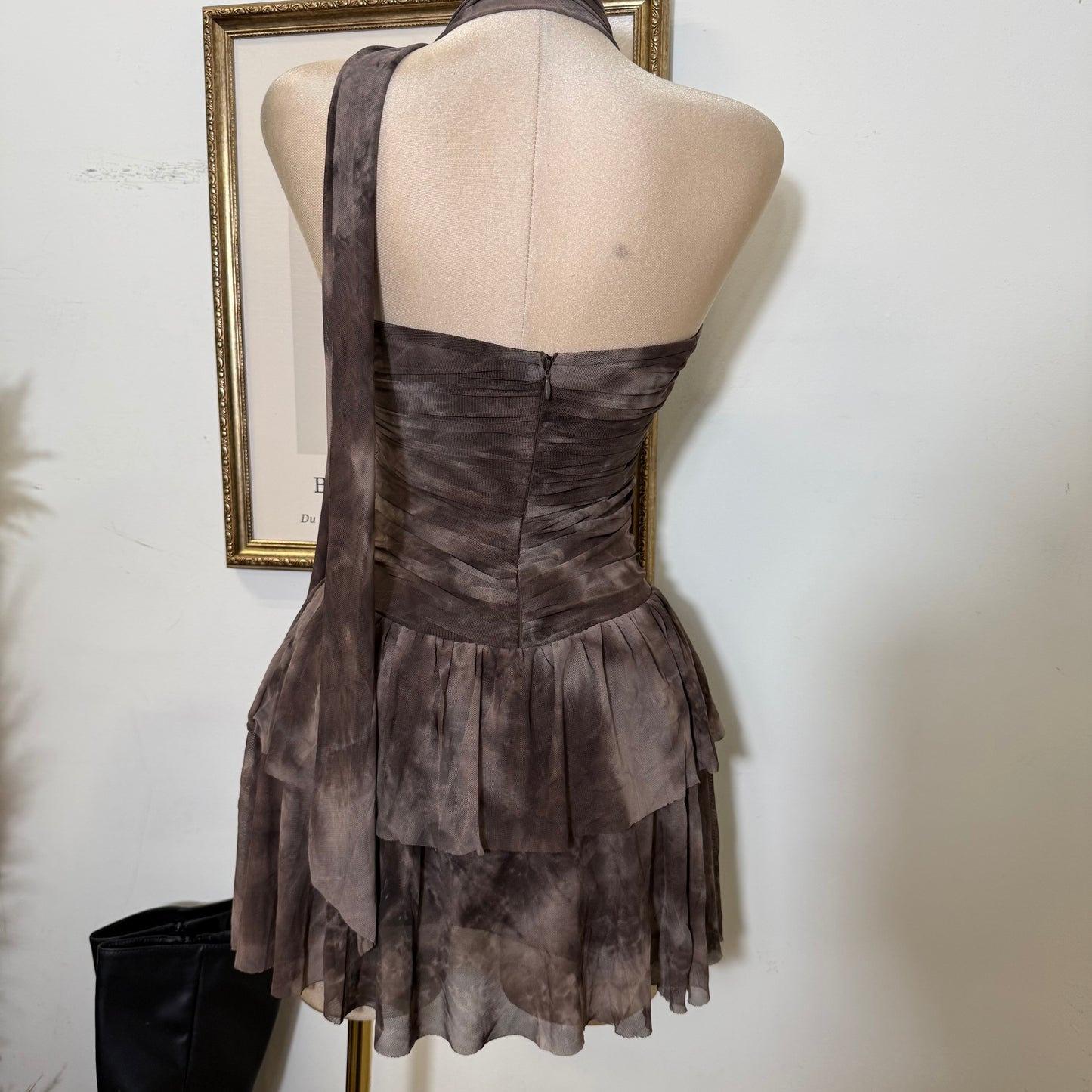 Printed Mesh Tube Dress With Scarf-Brown
