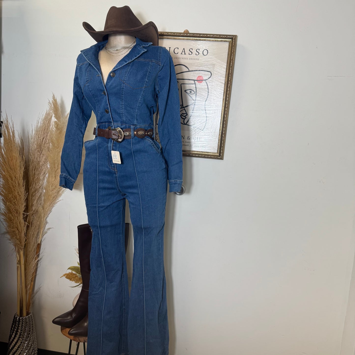 Denim Button Long Sleeve Jumpsuit -Dk denim
