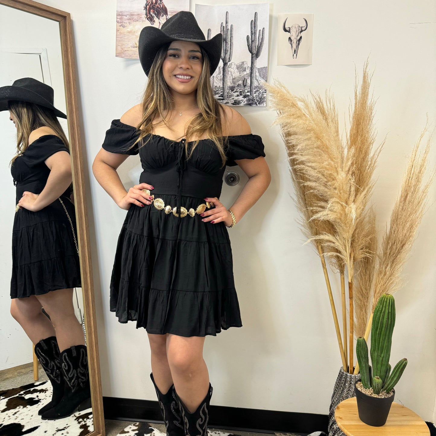 Ruffle Puff Sleeve Mini Dress-Black