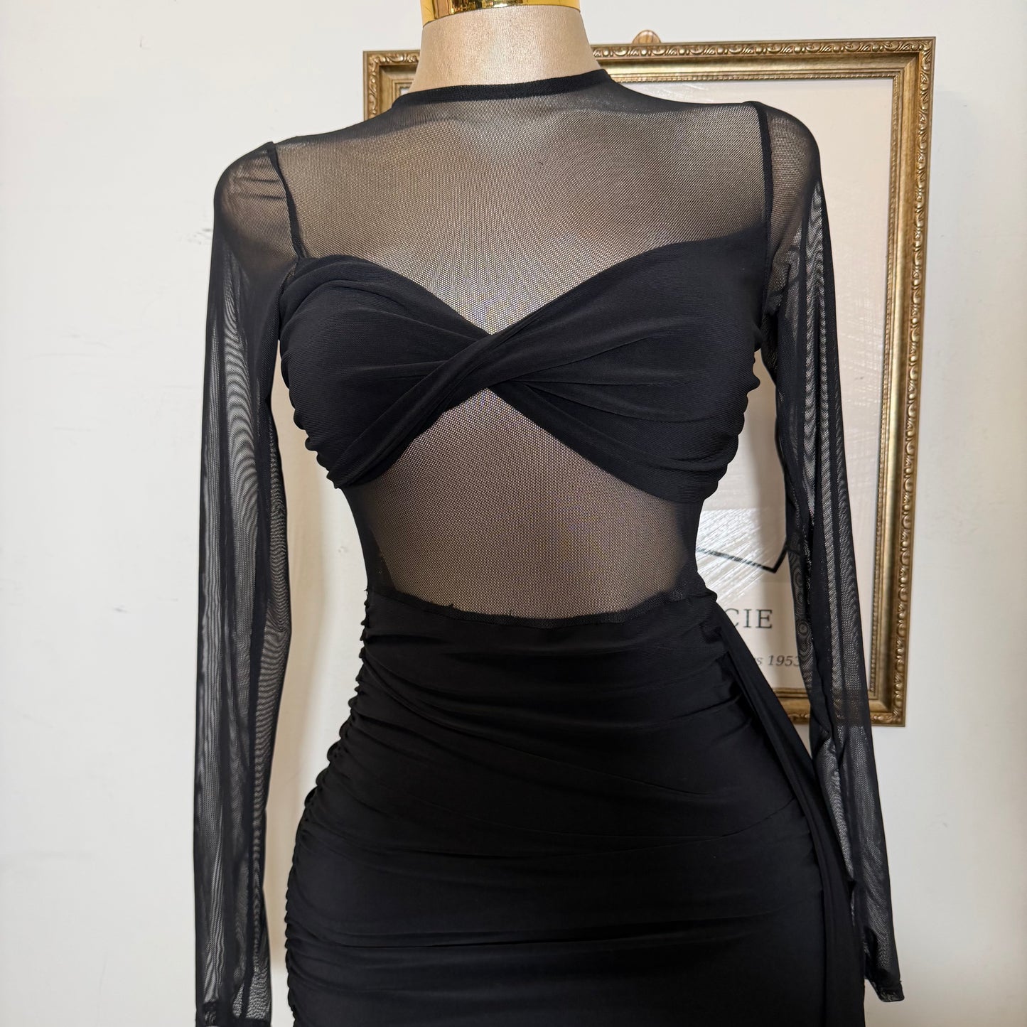 Solid Fabric with Mesh Match Mini Dress-Black