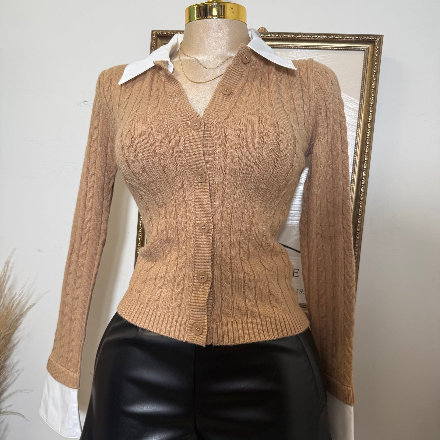 Collar Trim Detail button Down Cable Knit Cardigan-Khaki