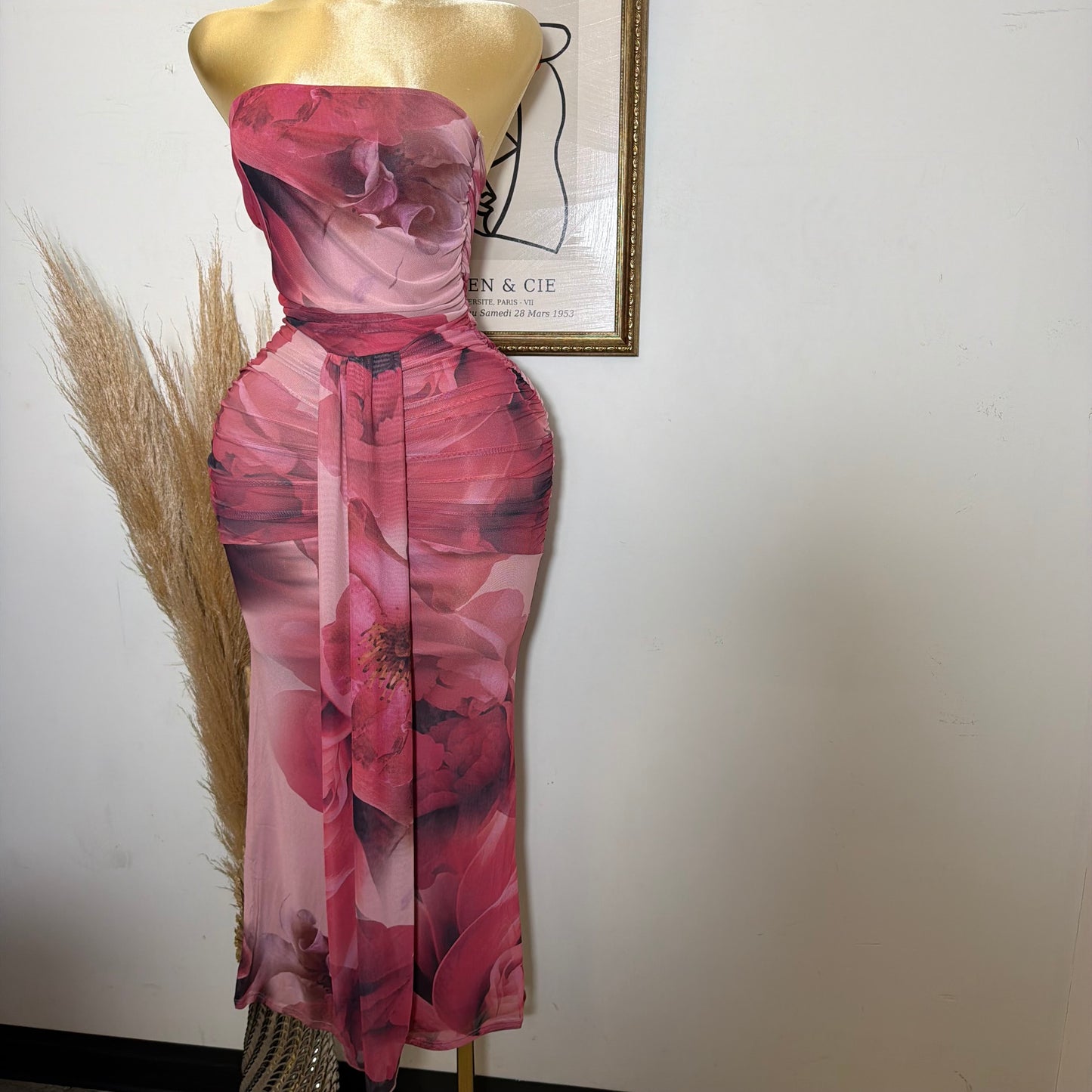 Big Flower Mesh Maxi Tube Dress-Magenta Combo