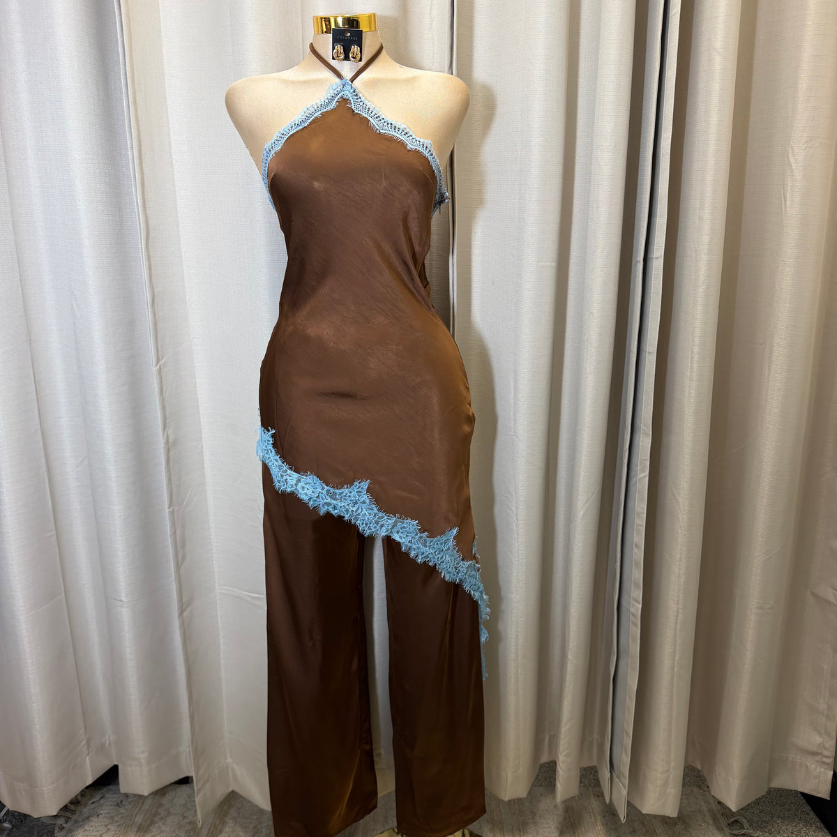 Contrast Lace Trim Satin Halter Jumpsuit-Brown/Blue