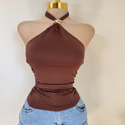 Halter Top w/ Trim Butter Jersey Fabric Gold Detail -Brown