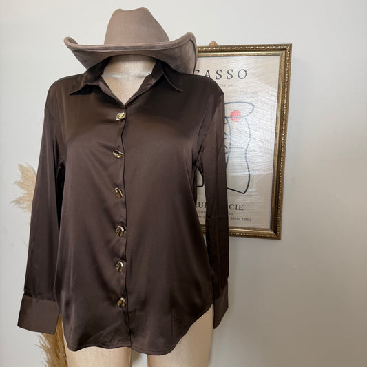 Long sleeve Satin button-Up top-brown