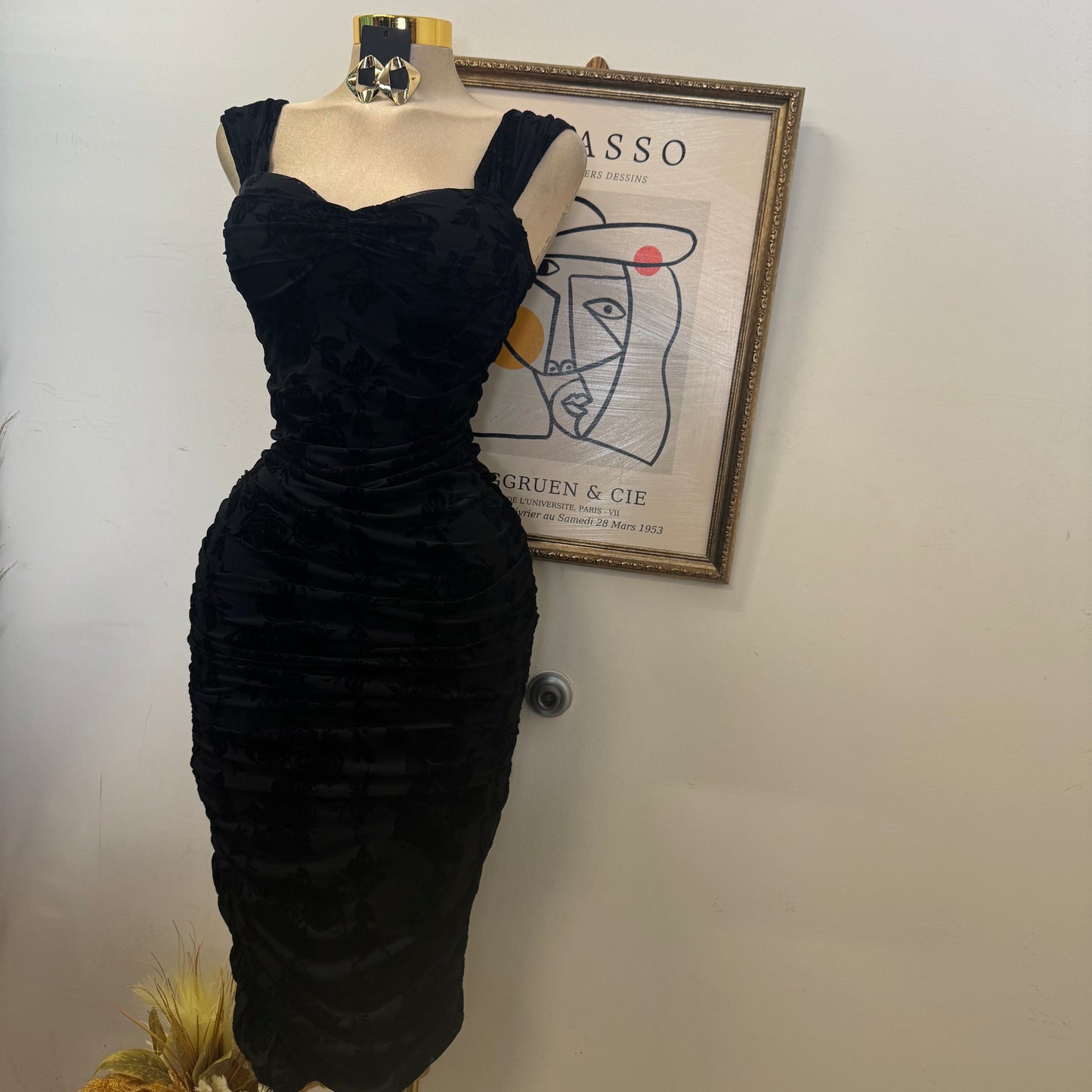 Off the shoulder Ruched Midi Dress- Black