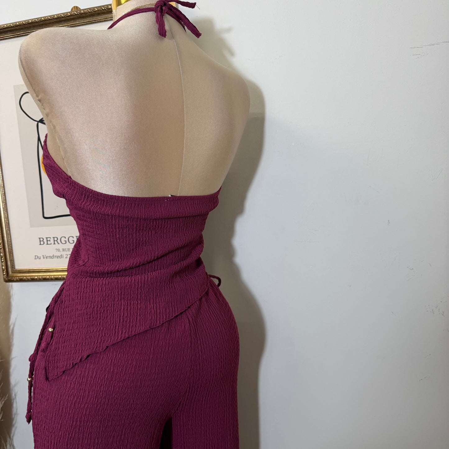 Asymmetrical hem Halter Top Wide leg Set-Berry