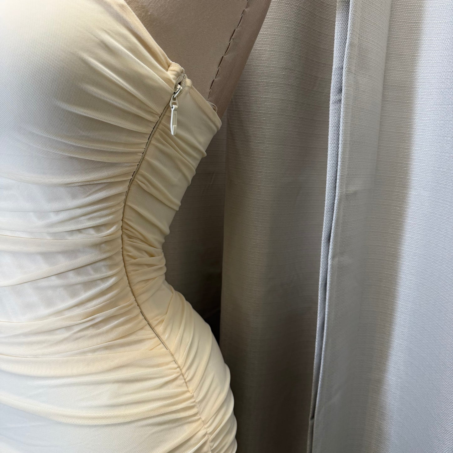 STRAPLESS RUCHED BODICE DROP WAIST MAXI DRESS-Cream