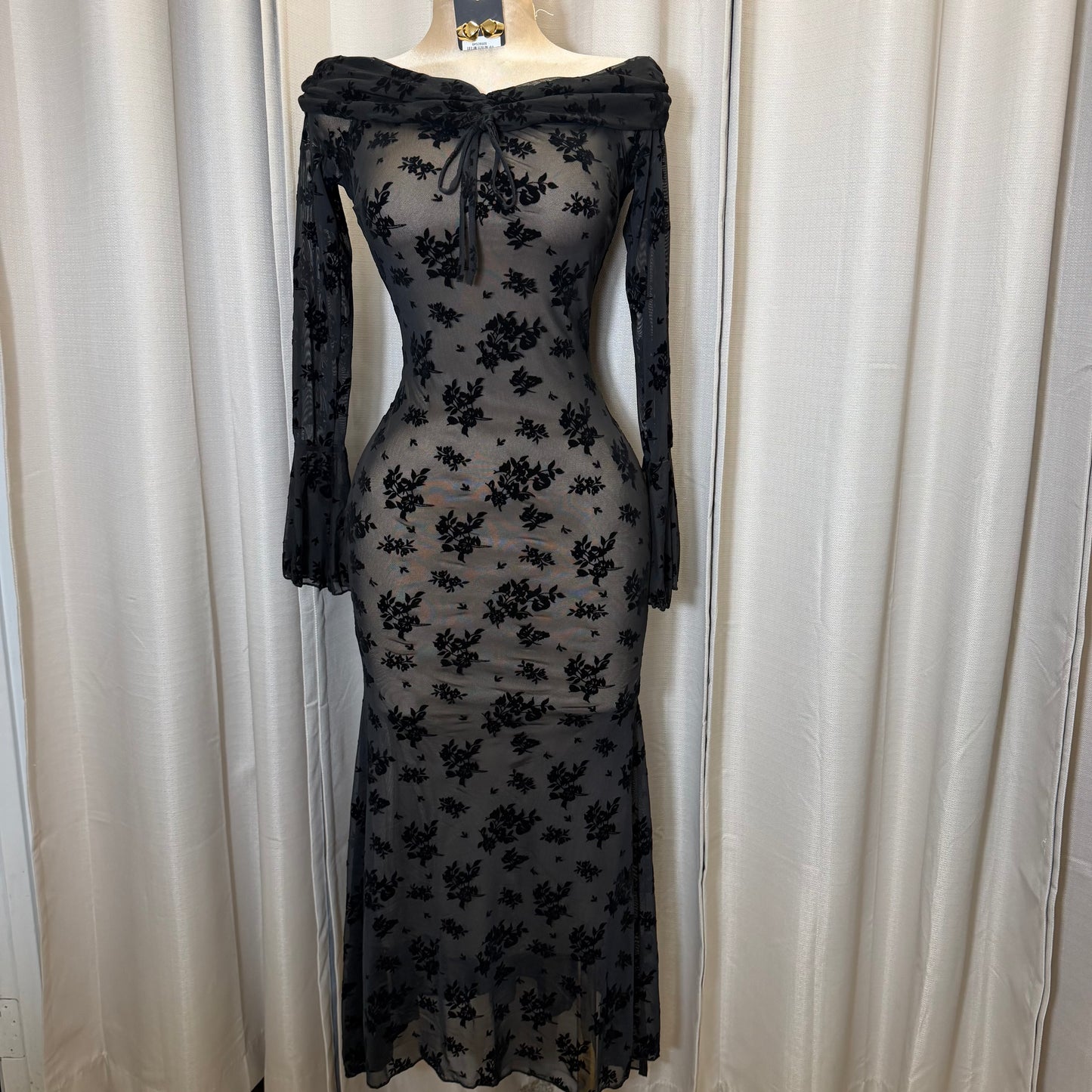 Flocked Long Sleeve Mesh off shoulder maxi Dress-Black/Nude