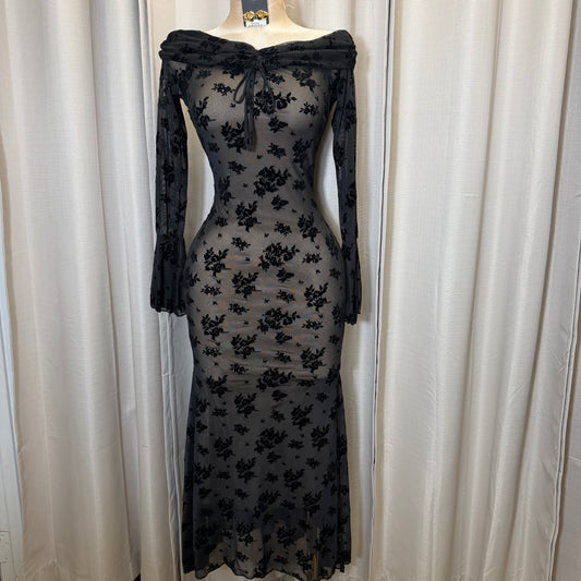 Flocked Long Sleeve Mesh off shoulder maxi Dress-Black/Nude
