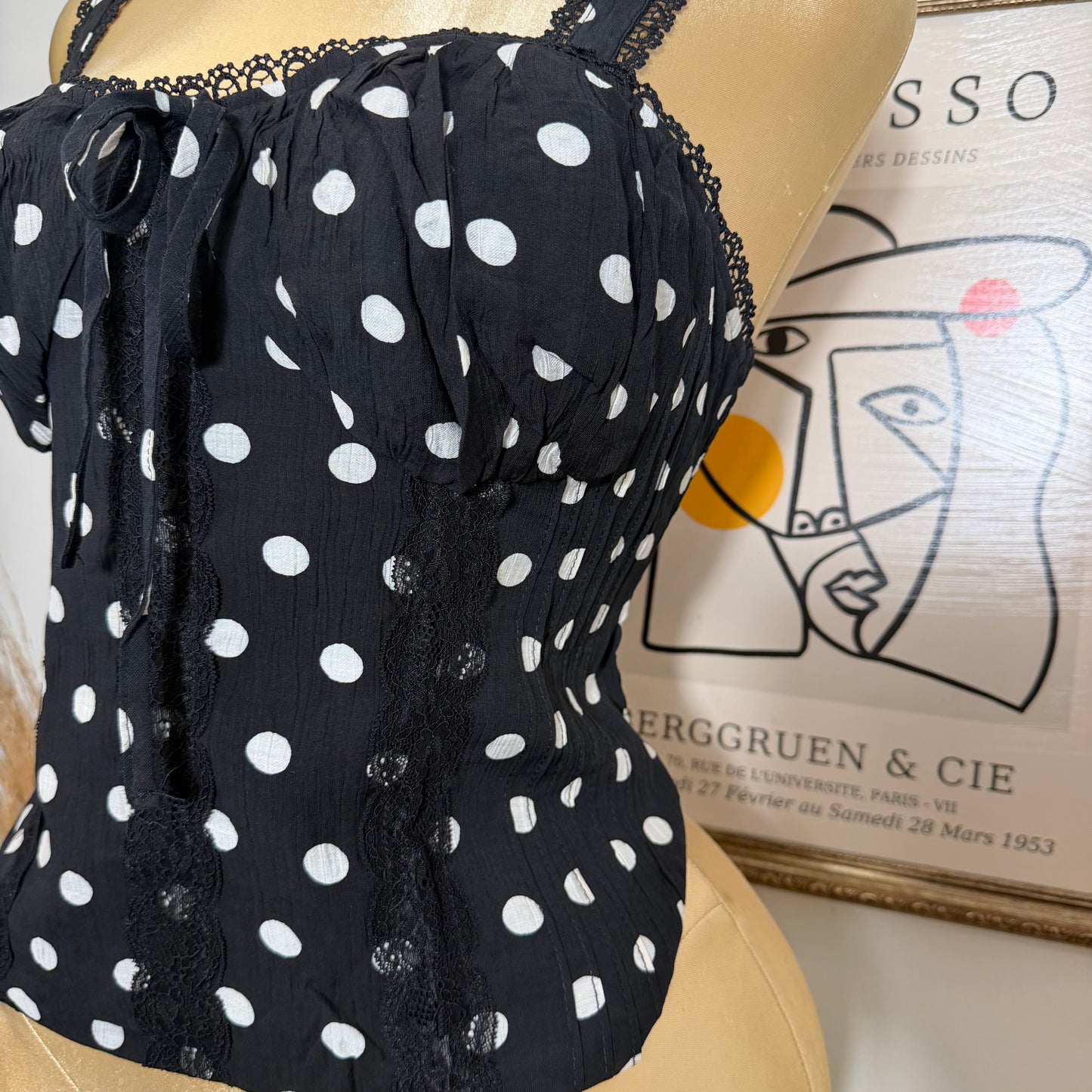 PL-Polka Dot Corset Tank Top with Smocked back- Black/White