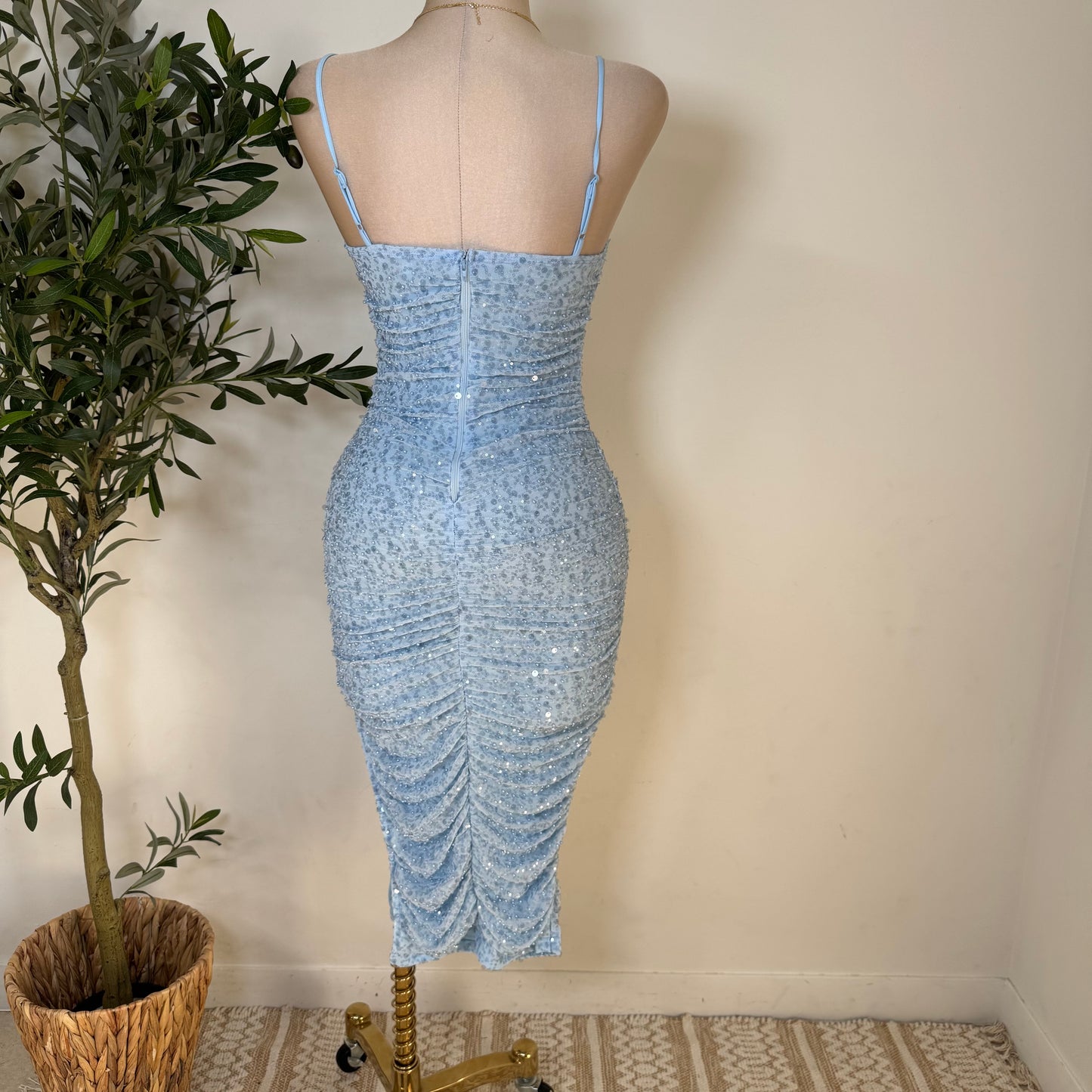Bead and Sequin Ruched Midi dress-Blue