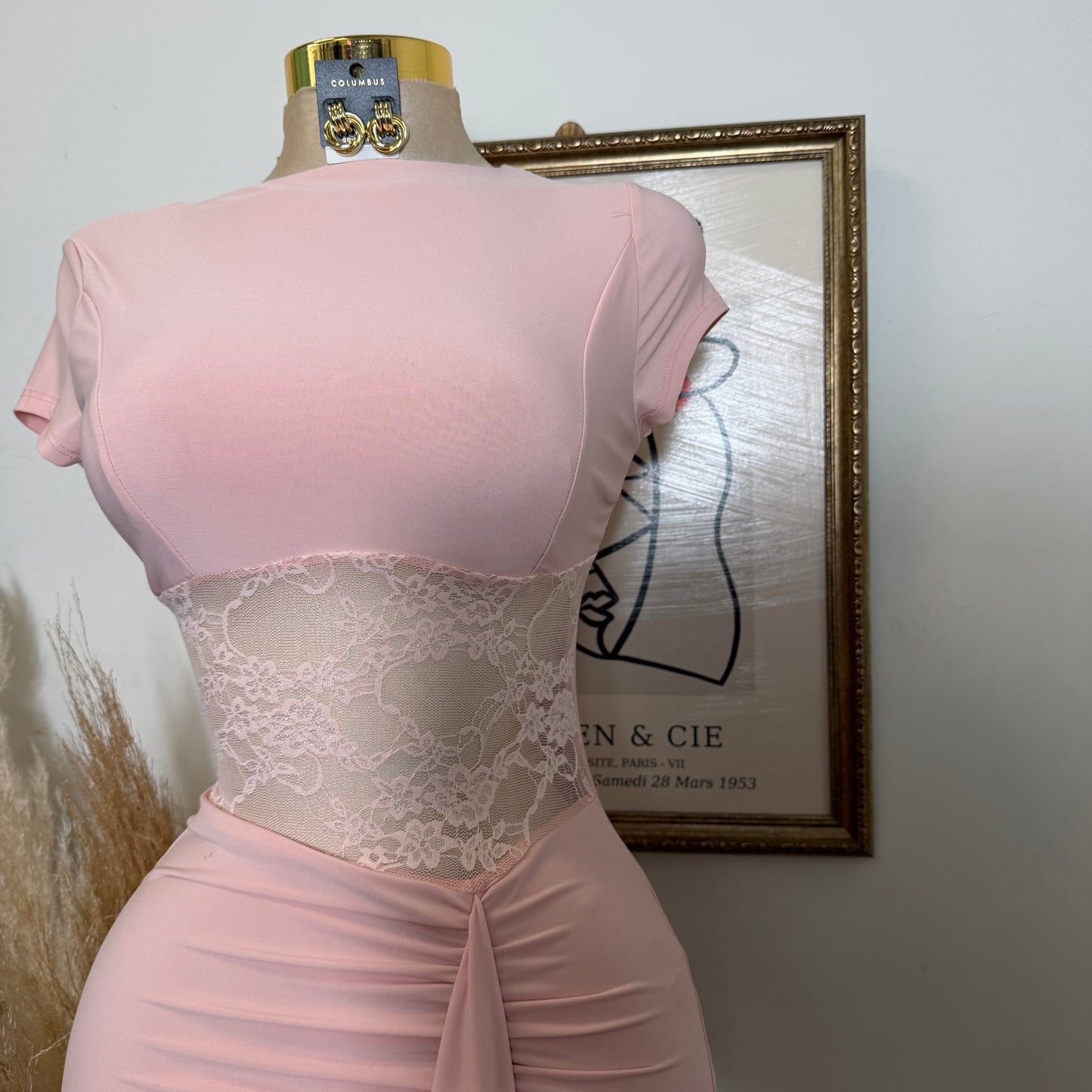 Lace Waist Contrast Midi Dress-Baby Pink