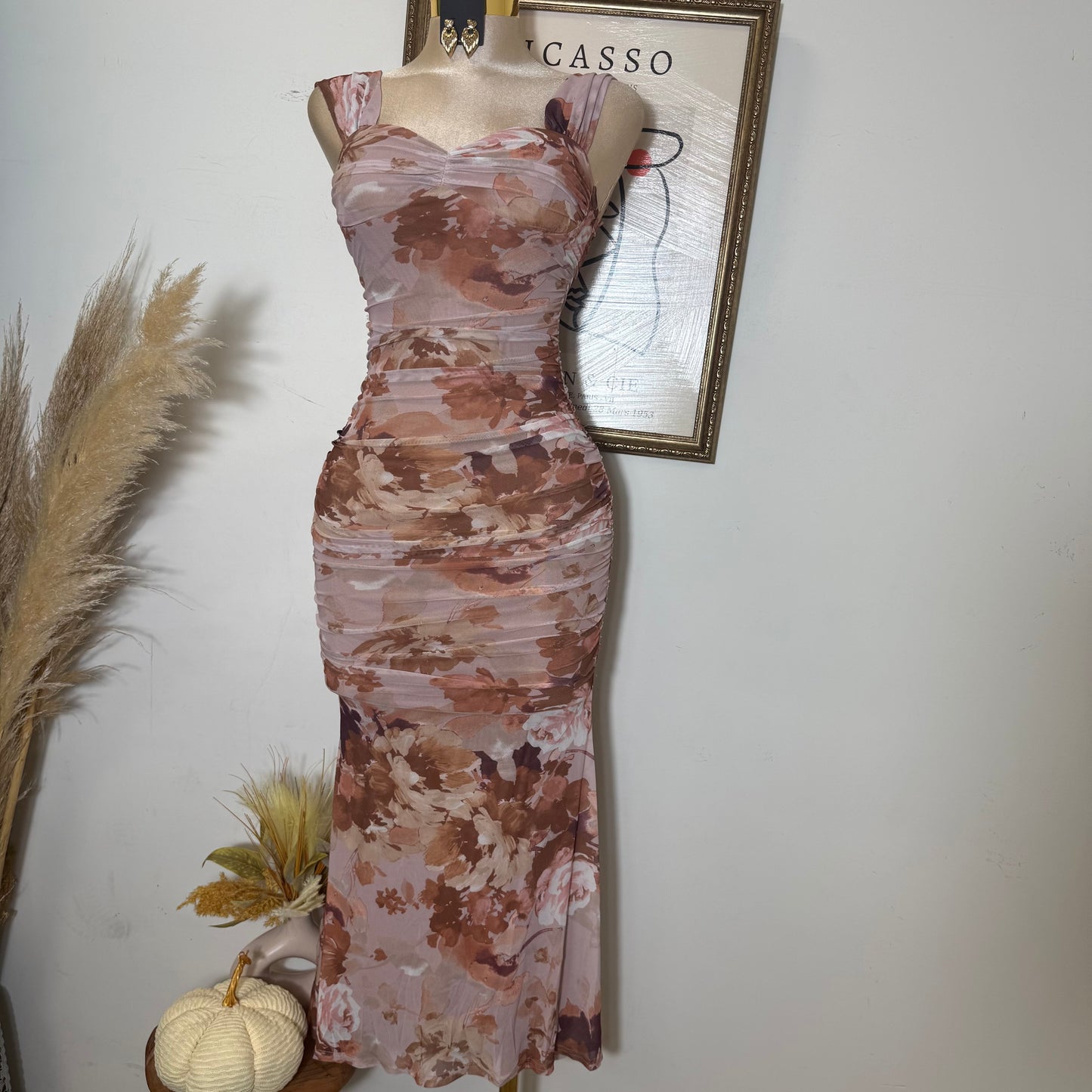 Off Shoulder Bustier Ruching Maxi Dress-brown