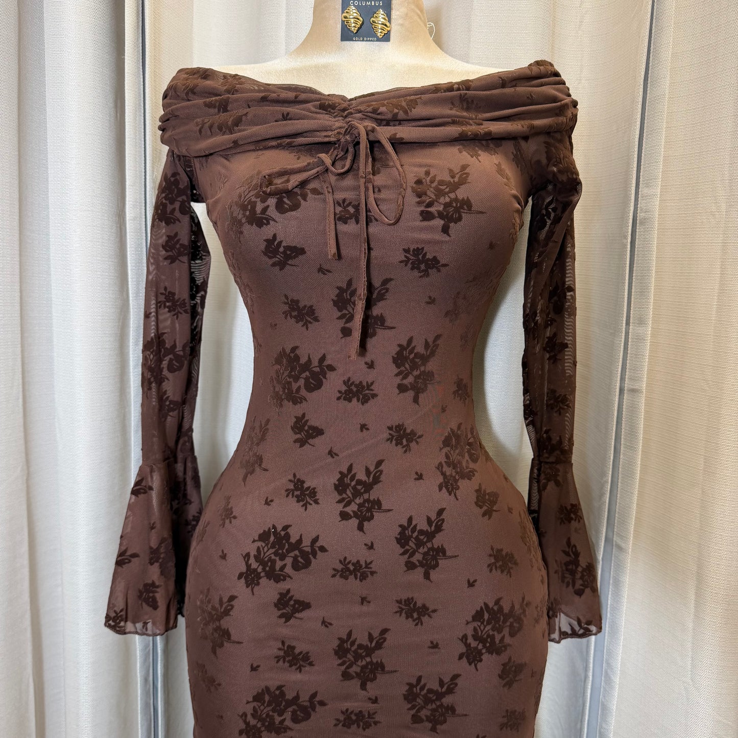 Flocked Long Sleeve Mesh off shoulder maxi Dress-Brown
