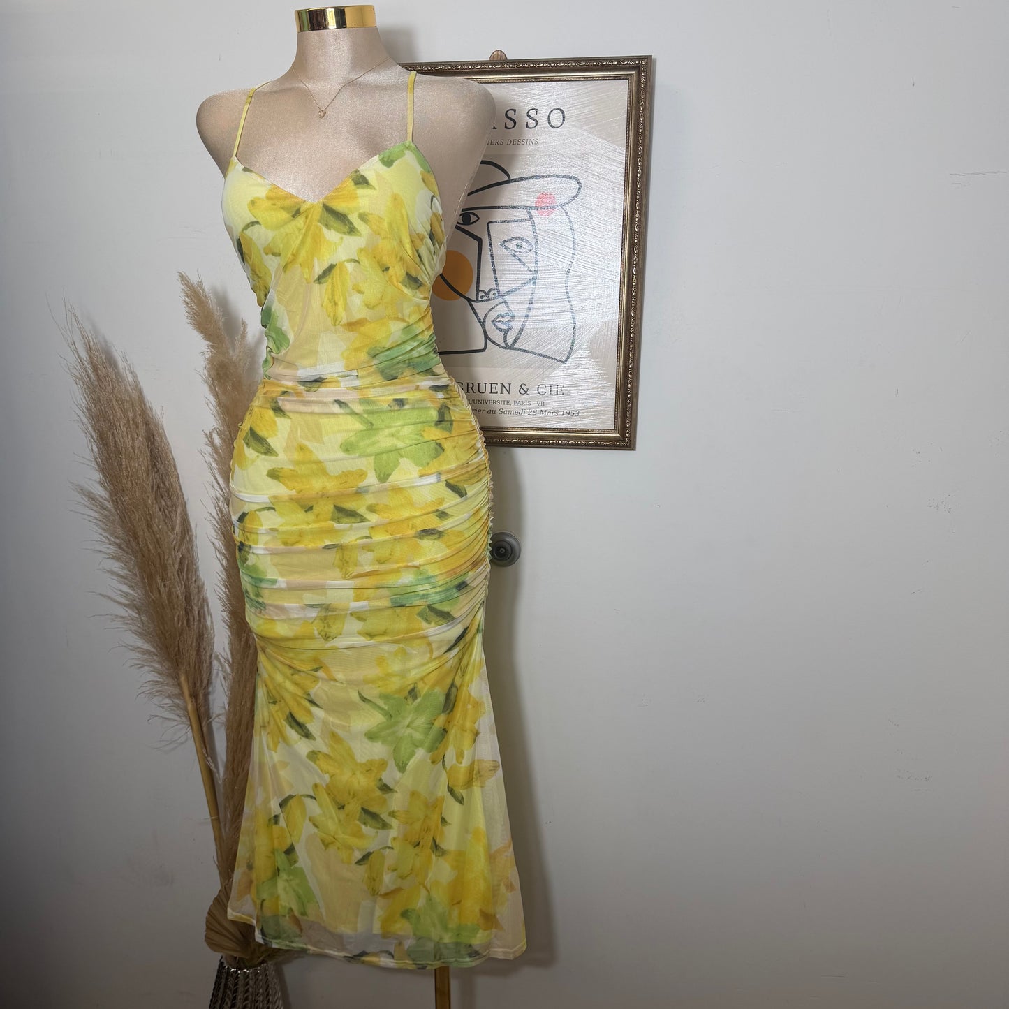 Mesh Print Midi Dress-Lemon